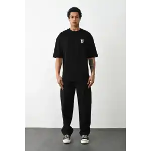 Unisex Bisiklet Yaka Baskılı Oversize T-Shirt - Siyah