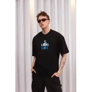 Unisex Bisiklet Yaka Baskılı Oversize T-Shirt - Siyah