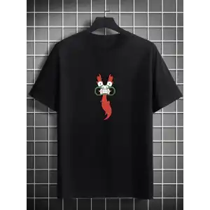Unisex Bisiklet Yaka Baskılı Oversize T-Shirt - Siyah