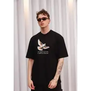 Unisex Bisiklet Yaka Baskılı Oversize T-Shirt - Siyah