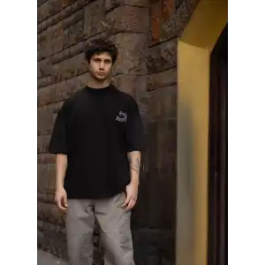 Unisex Bisiklet Yaka Baskılı Oversize T-Shirt - Siyah