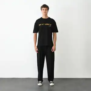 Unisex Bisiklet Yaka Baskılı Oversize T-Shirt - Siyah