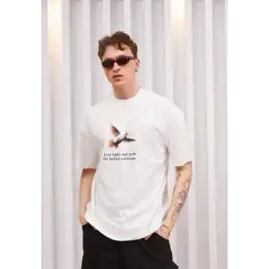 Unisex Bisiklet Yaka Baskılı Oversize T-Shirt - Siyah