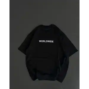 Unisex Bisiklet Yaka Baskılı Oversize T-Shirt - Siyah