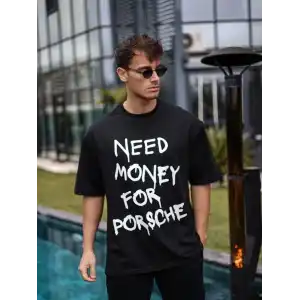 Unisex Bisiklet Yaka Baskılı Oversize T-Shirt - Siyah
