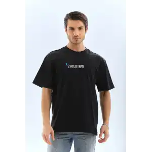 Unisex Bisiklet Yaka Baskılı Oversize T-Shirt - Siyah