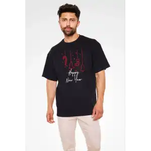 Unisex Bisiklet Yaka Baskılı Oversize T-Shirt - Siyah