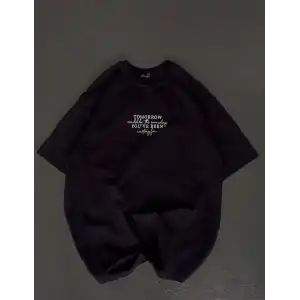 Unisex Bisiklet Yaka Baskılı Oversize T-Shirt - Siyah