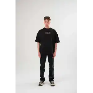 Unisex Bisiklet Yaka Baskılı Oversize T-Shirt - Siyah