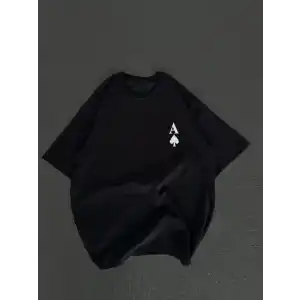 Unisex Bisiklet Yaka Baskılı Oversize T-Shirt - Siyah