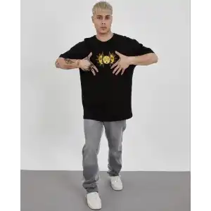 Unisex Bisiklet Yaka Baskılı Oversize T-Shirt - Siyah
