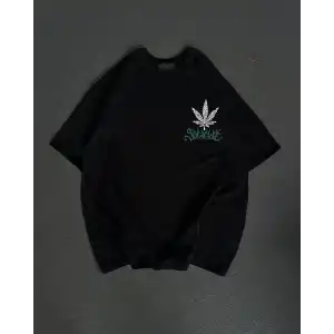 Unisex Bisiklet Yaka Baskılı Oversize T-Shirt - Siyah