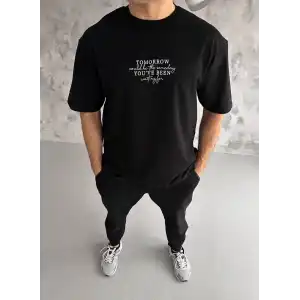 Unisex Bisiklet Yaka Baskılı Oversize T-Shirt - Siyah