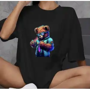 Unisex Bisiklet Yaka Baskılı Oversize T-Shirt - Siyah