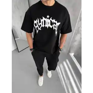 Unisex Bisiklet Yaka Baskılı Oversize T-Shirt - Siyah