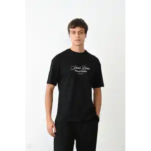 Unisex Bisiklet Yaka Baskılı Oversize T-Shirt - Siyah