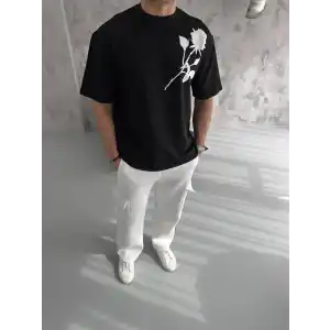 Unisex Bisiklet Yaka Baskılı Oversize T-Shirt - Siyah