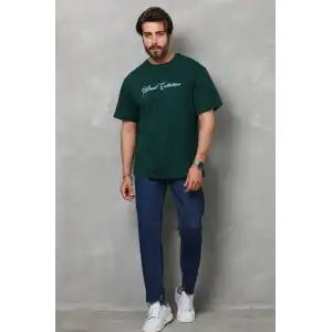 Unisex Bisiklet Yaka Baskılı Oversize T-Shirt - Yeşil