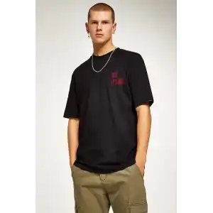 Unisex Bisiklet Yaka Oversize Baskılı T-Shirt - Siyah