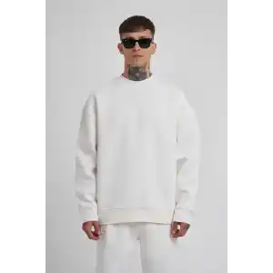 Unisex Biskilet Yaka Üç İplik SweatShirt - Beyaz