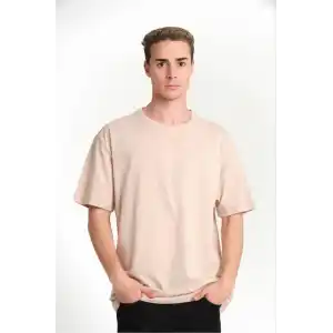 Unisex Düz Biskilet Yaka Oversize T-shirt - Bej