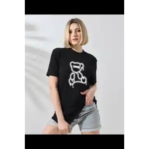Unisex Kadın Bisiklet Yaka Baskılı T-Shirt - Siyah