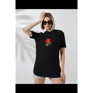 Unisex Kadın Bisiklet Yaka Baskılı T-Shirt - Siyah