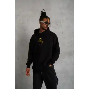 Unisex Kapşonlu Baskılı Sweetshirt - Siyah