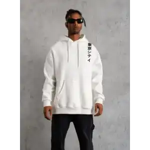 Unisex Kapşonlu Uzun Kol Baskılı Sweetshirt - Beyaz