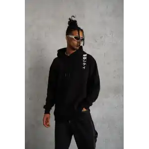 Unisex Kapşonlu Uzun Kol Baskılı Sweetshirt - Siyah