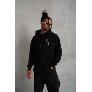 Unisex Kapşonlu Uzun Kol Baskılı Sweetshirt - Siyah
