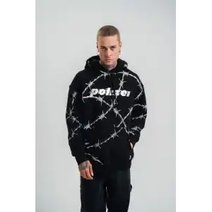 Unisex Kapşonlu Varak ve Pano Baskılı SweatShirt- Siyah