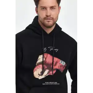 Unisex Kapüşonlu Üç İplik Oversize Baskılı Sweatshirt - Siyah