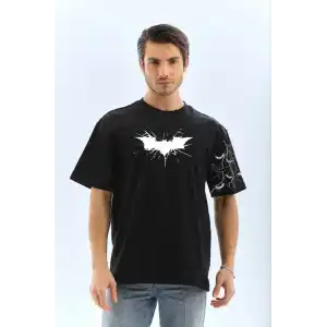 Unisex Ön ve Kol Baskılı Oversize T-shirt - Siyah