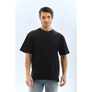 Unisex Oversize Düz Bisiklet Yaka T-Shirt - Siyah