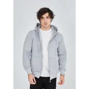 Unisex Tam Fermuarlı Kapşonlu  SweatShirt - Gri