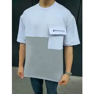 Unisex Torba Cep Detaylı  Parçalı T-Shirt - Gri