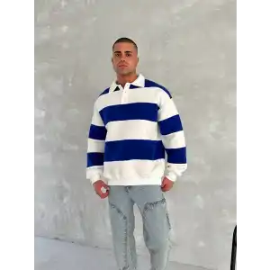 Unisex Üç İplik Parçalı Yakalı SweatShirt - Mavi