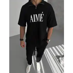 Unisex Yarım Fermuarlı Baskılı T-Shirt - Siyah