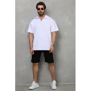 Unisex Yarım Fermuarlı Düz Oversize T-shirt - Beyaz
