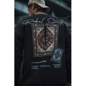 Uzun Kol Bisiklet Yaka Baskılı SweatShirt - Siyah