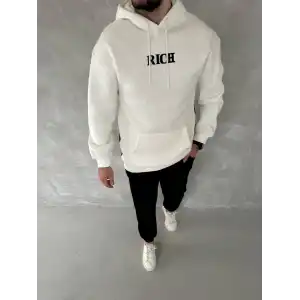 Uzun Kol Kapüşonlu Göğüs Baskılı SweatShirt - Beyaz
