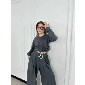 Uzun Kollu Önü İp Büzgülü Crop ve Pantolon İkili Takım - Antrasit