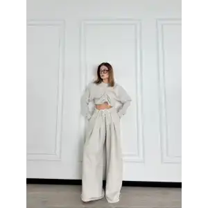 Uzun Kollu Önü İp Büzgülü Crop ve Pantolon İkili Takım - Gri