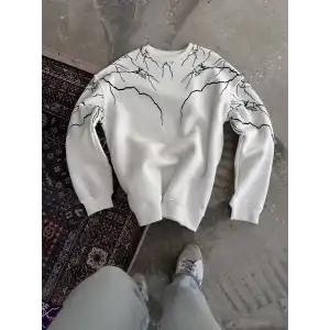 Yıldırım Baskılı Bisiklet Yaka SweatShirt - Beyaz