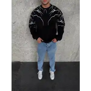 Yıldırım Baskılı Bisiklet Yaka SweatShirt - Siyah