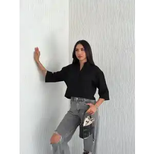 Z Krep Kadın Crop Yakalı Gömlek İlik Düğmeli Üç Çeyrek Sleeve Kol - Siyah