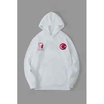 10 Kasıma Özel Üç İplik Kapüşonlu Baskılı SweatShirt - Beyaz