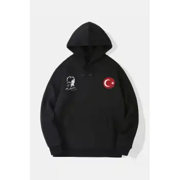 10 Kasıma Özel Üç İplik Kapüşonlu Baskılı SweatShirt - Siyah