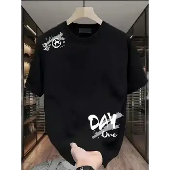 20/1 Penye Compack Day One Baskılı Oversize Bisiklet Yaka T-shirt - Siyah